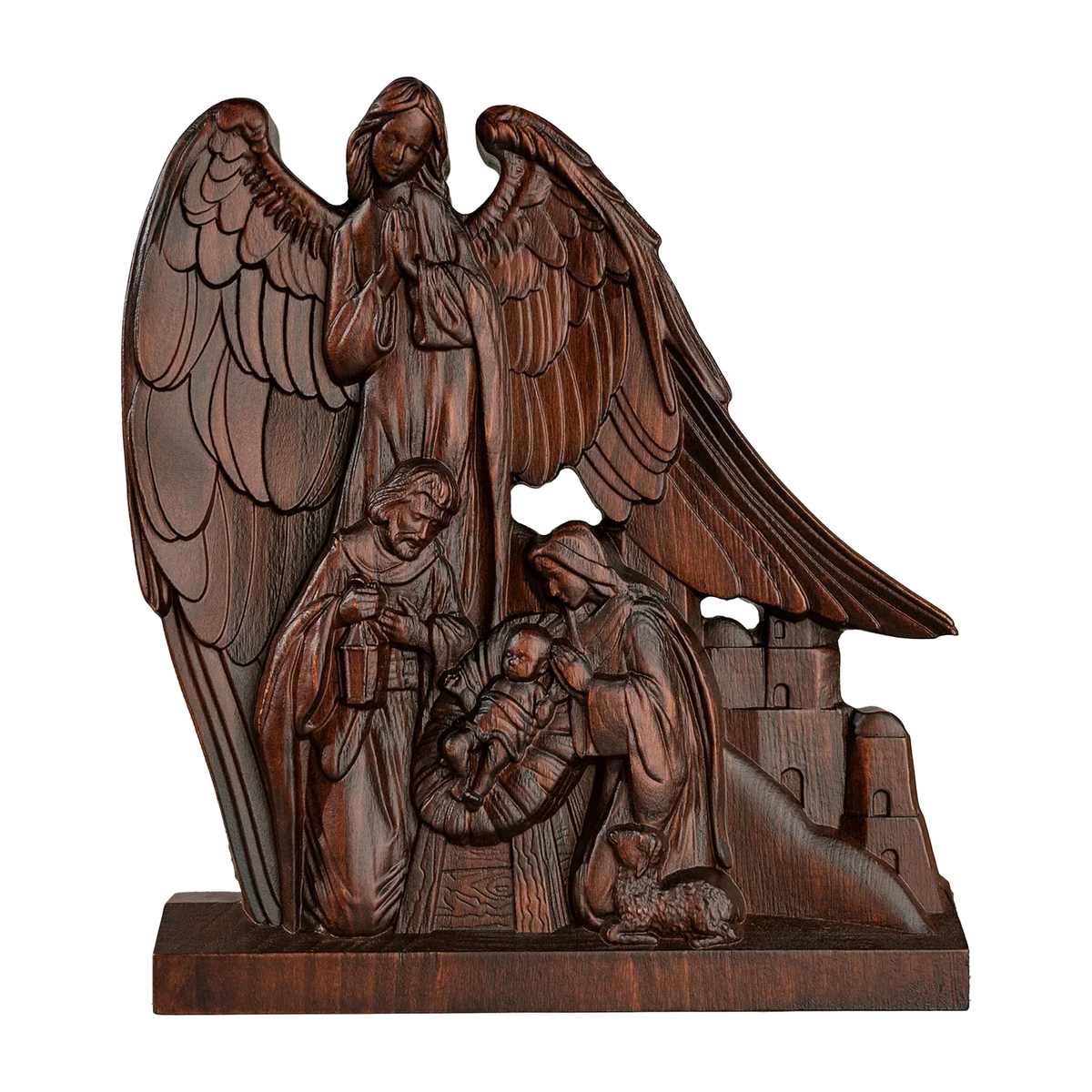 Hand-Carved Holy Family & Guardian Angel Solid Wood Statue: A Faith Artwork Anchoring Divine Blessings for Your Home