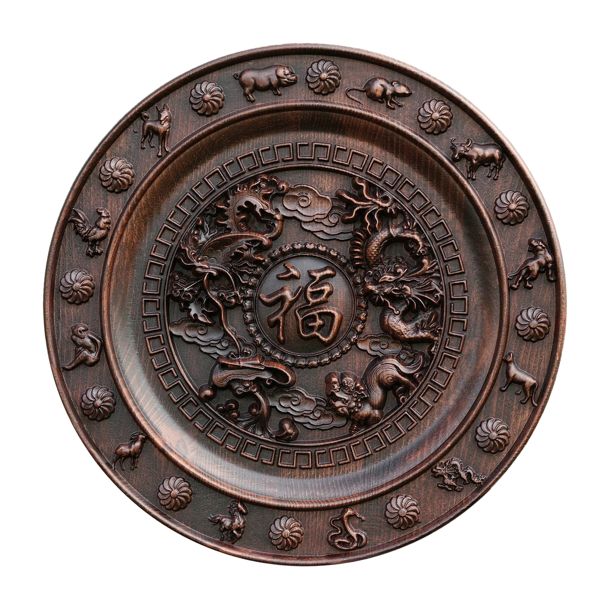 Chinese Zodiac “Fu” Disc Wooden Decoration Wall Hanging