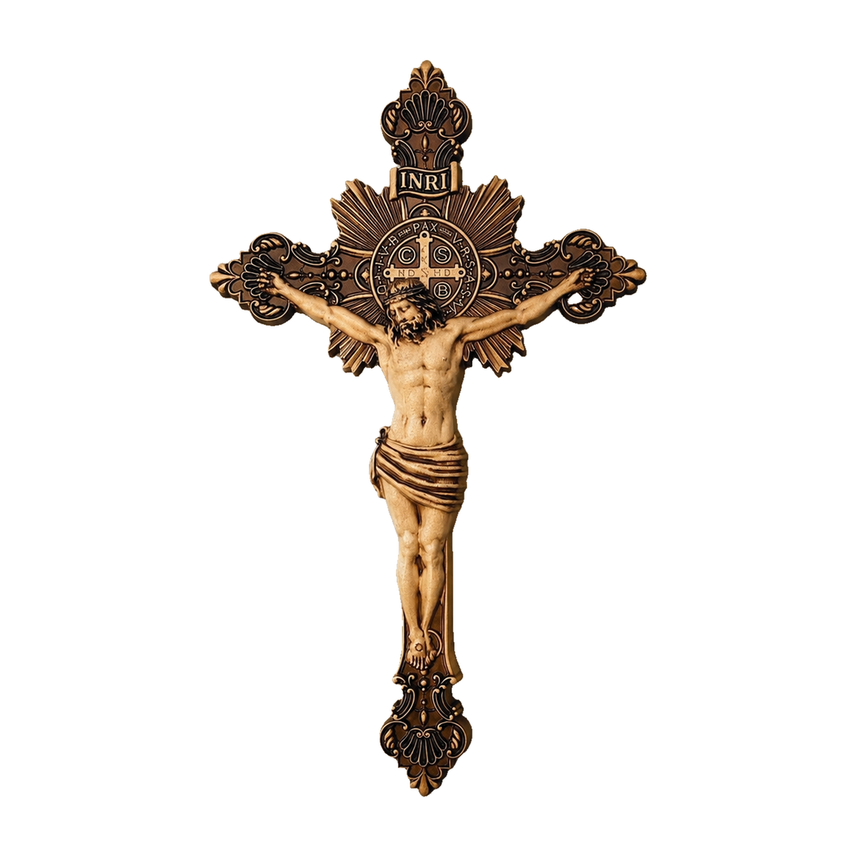 Hand-Carved Solid Maple Wood St. Benedict Crucifix – Christian Wall Cross
