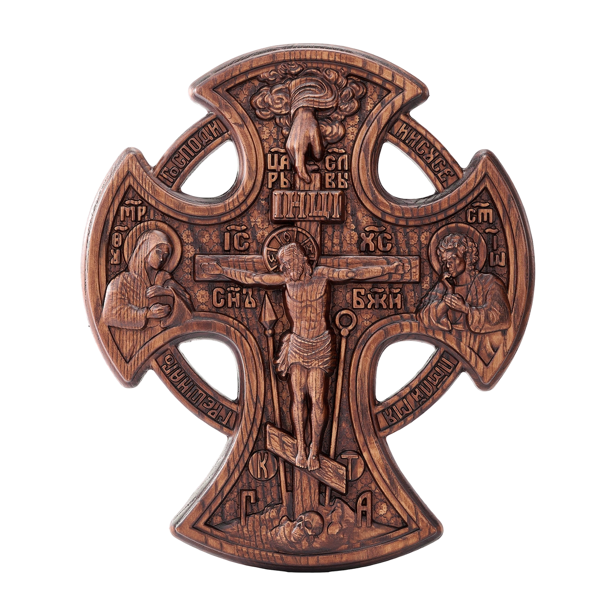 Hand-Carved Beechwood “Hand of Redemption” Crucifix | The Passion and Divine Grace of Christ
