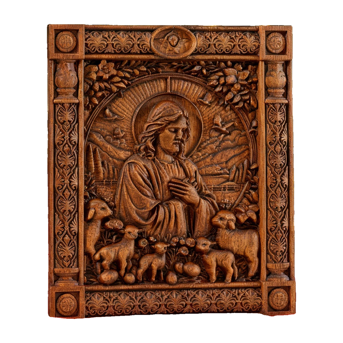 The Good Shepherd Beechwood Icon – Hand-Carved Christian Home Decor | Christ the Shepherd Wall Art