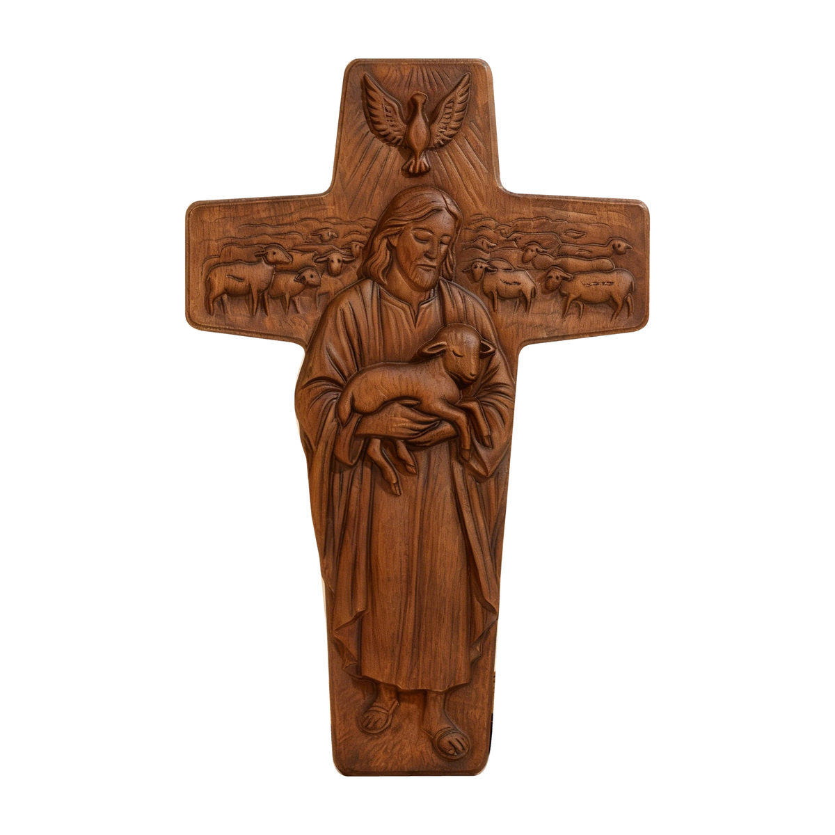 Beechwood Good Shepherd Cross Hand-Carved Shepherd Icon | Finding Rest in His Loving Arms
