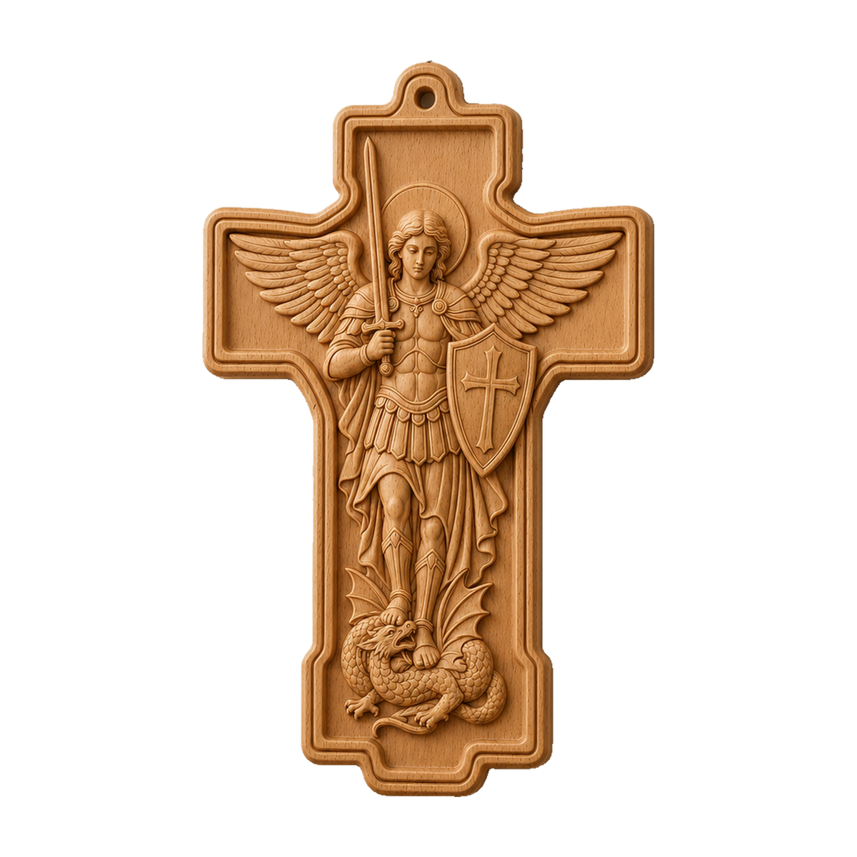 St. Michael Wooden Wall Cross – Beech Wood Relief Carving Christian Wall Plaque