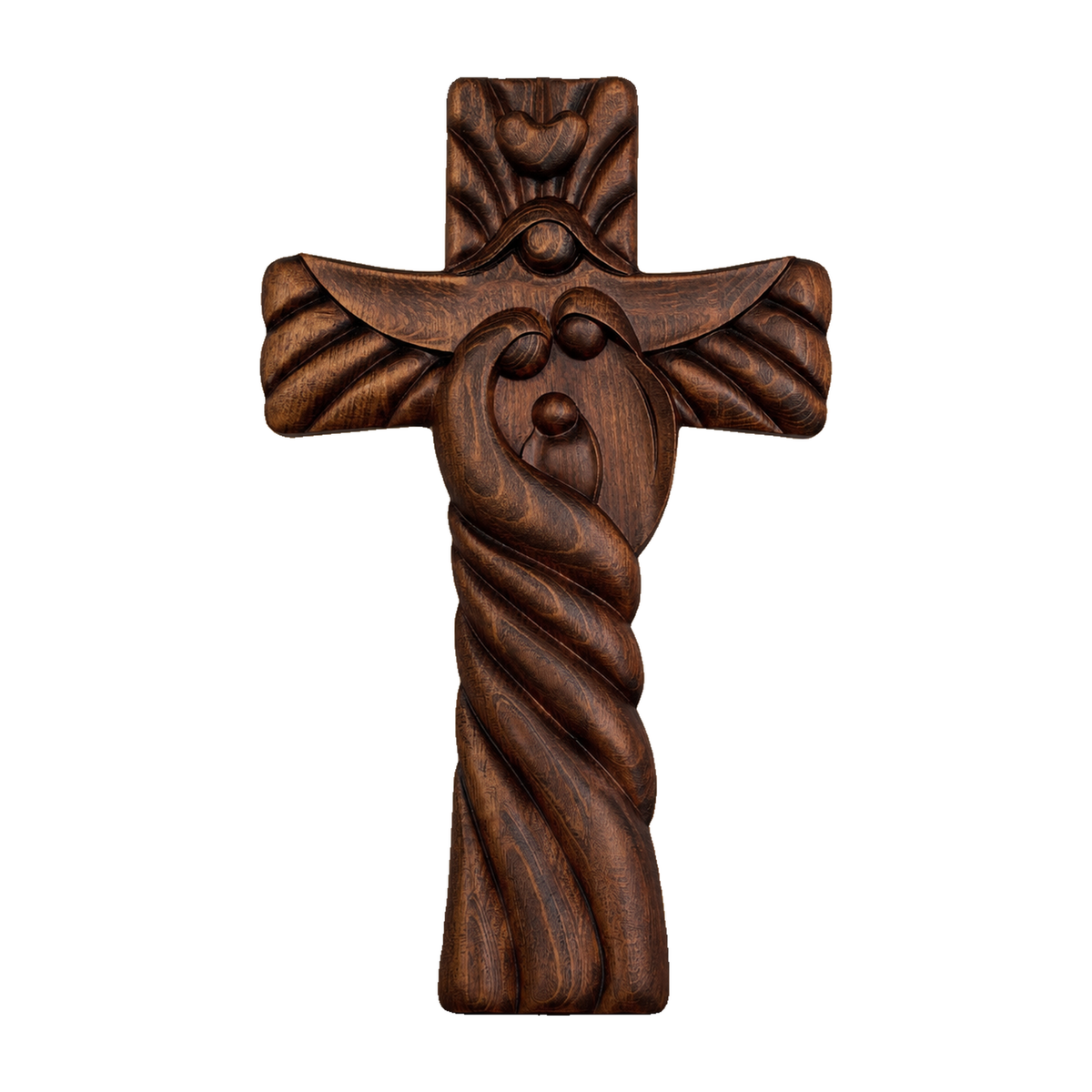 Holy Family wood icon decoration, Joseph, Mary, Baby Jesus, carved wooden cross, wall decoration