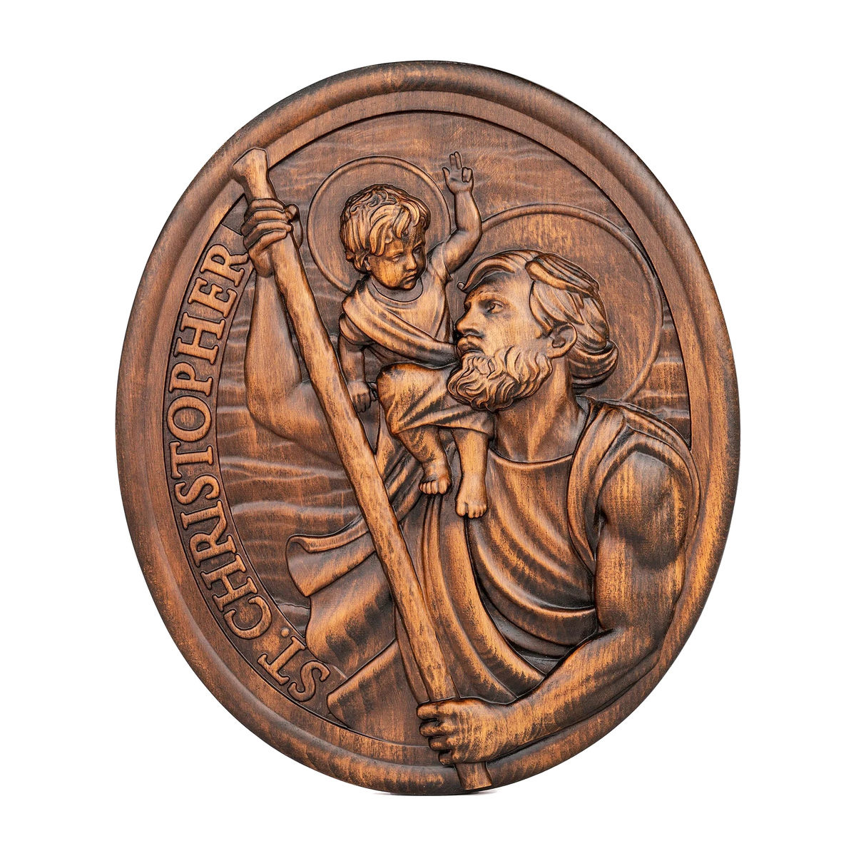 St.Christopher Christian Wood Carving Plaque/The patron saint of travelers