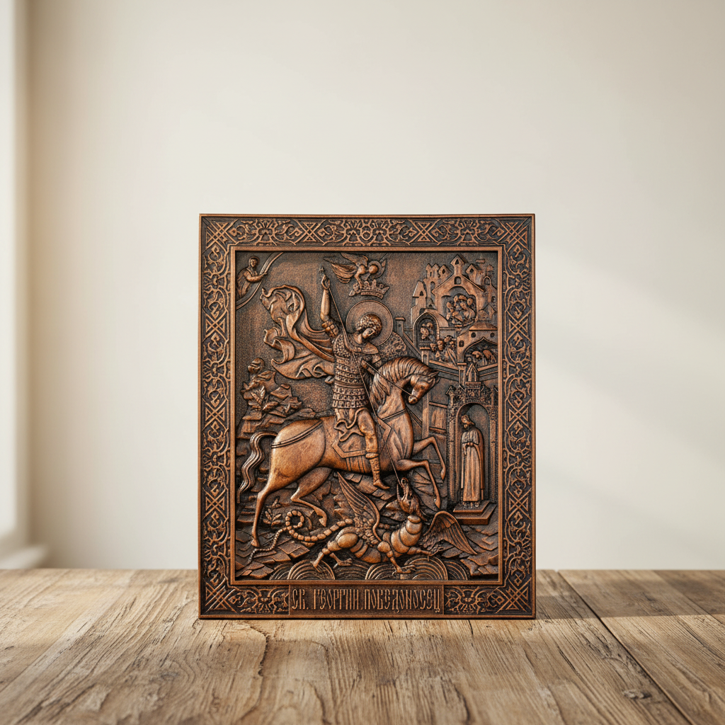 Saint George and the Dragon Wooden Carved - religious Wall decor icon christian gift for men for Christian home decor and prayer spaces
