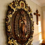 Religious gift with rich details of the wooden statue of Our Lady of Guadalupe - size and finish detail