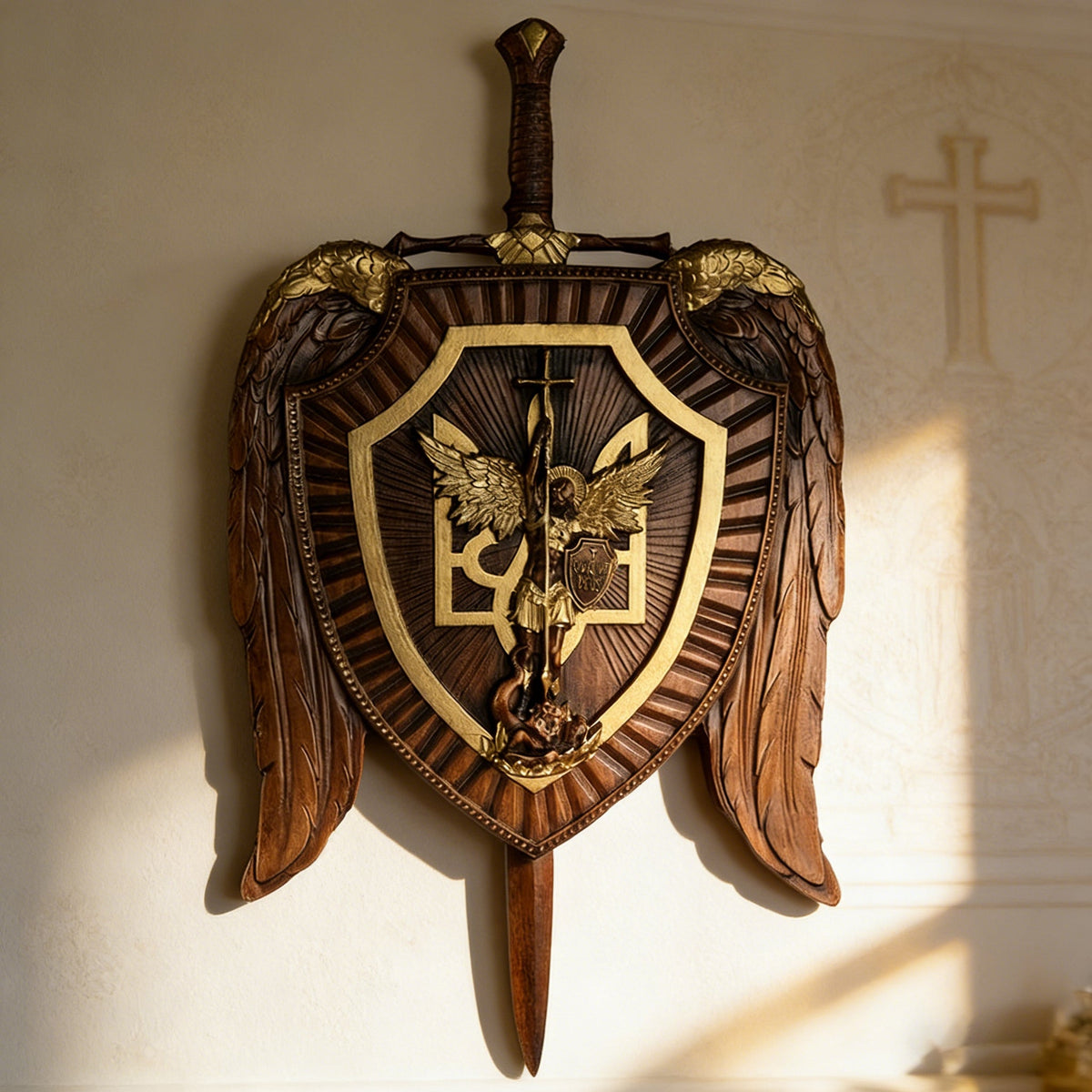 Archangel Michael Sword & Shield Wall Plaque - Divine Protection in Spiritual Warfare - craftsmanship detail